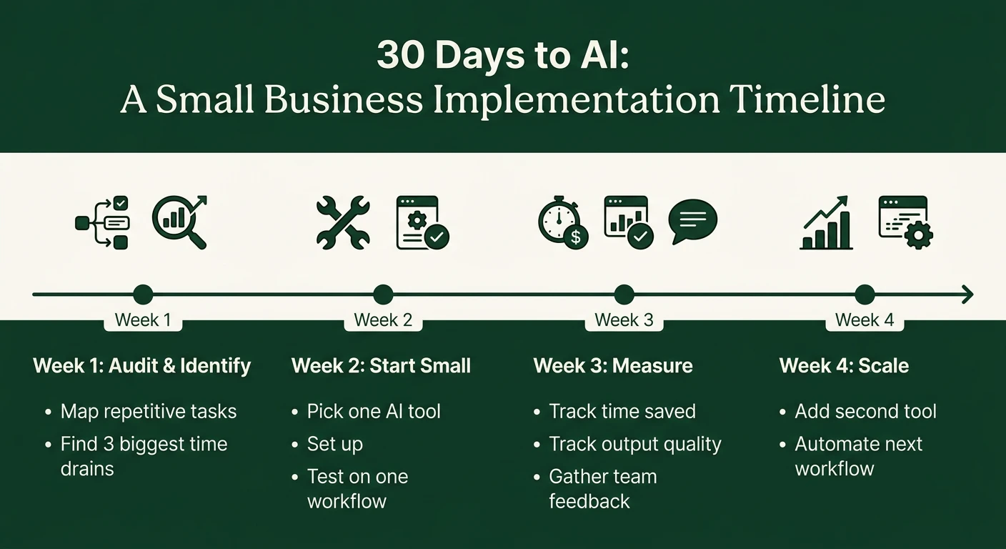 30-day AI implementation timeline for small business showing week-by-week steps from audit to scale
